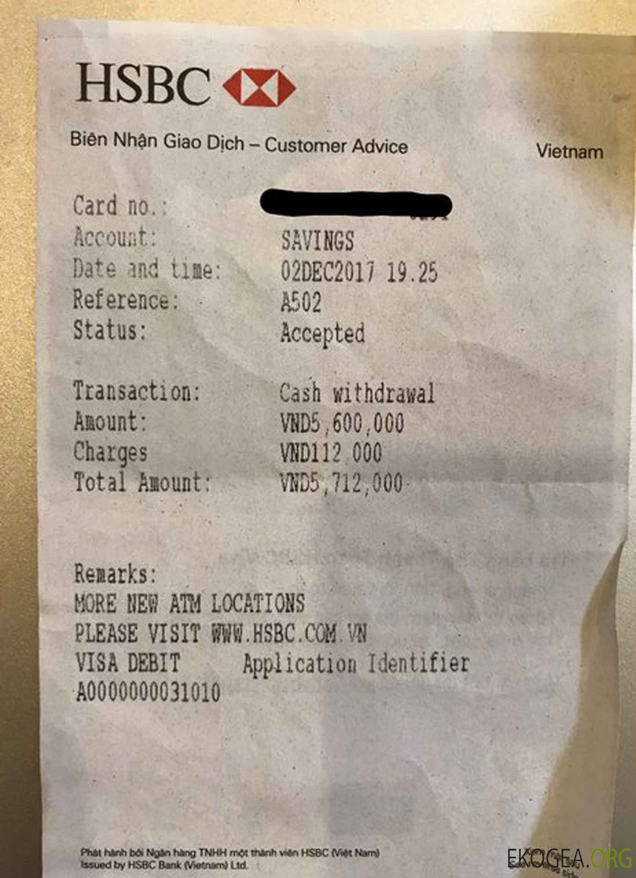 Reçu bancaire HSBC du Vietnam